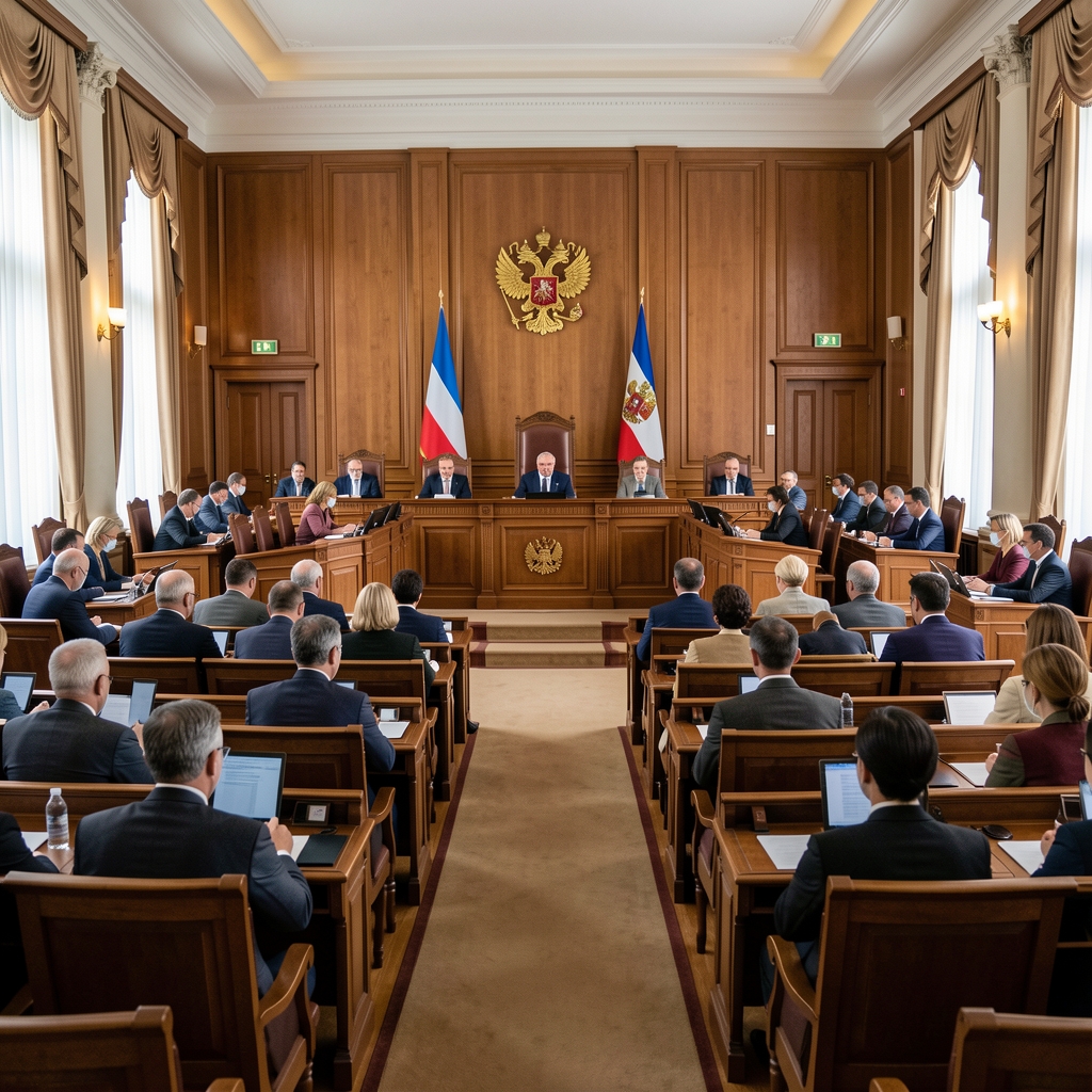 Сала парламента Црне Горе изнутра за вријеме пленарне сједнице са посланицима у клупама и државним грбом на зиду