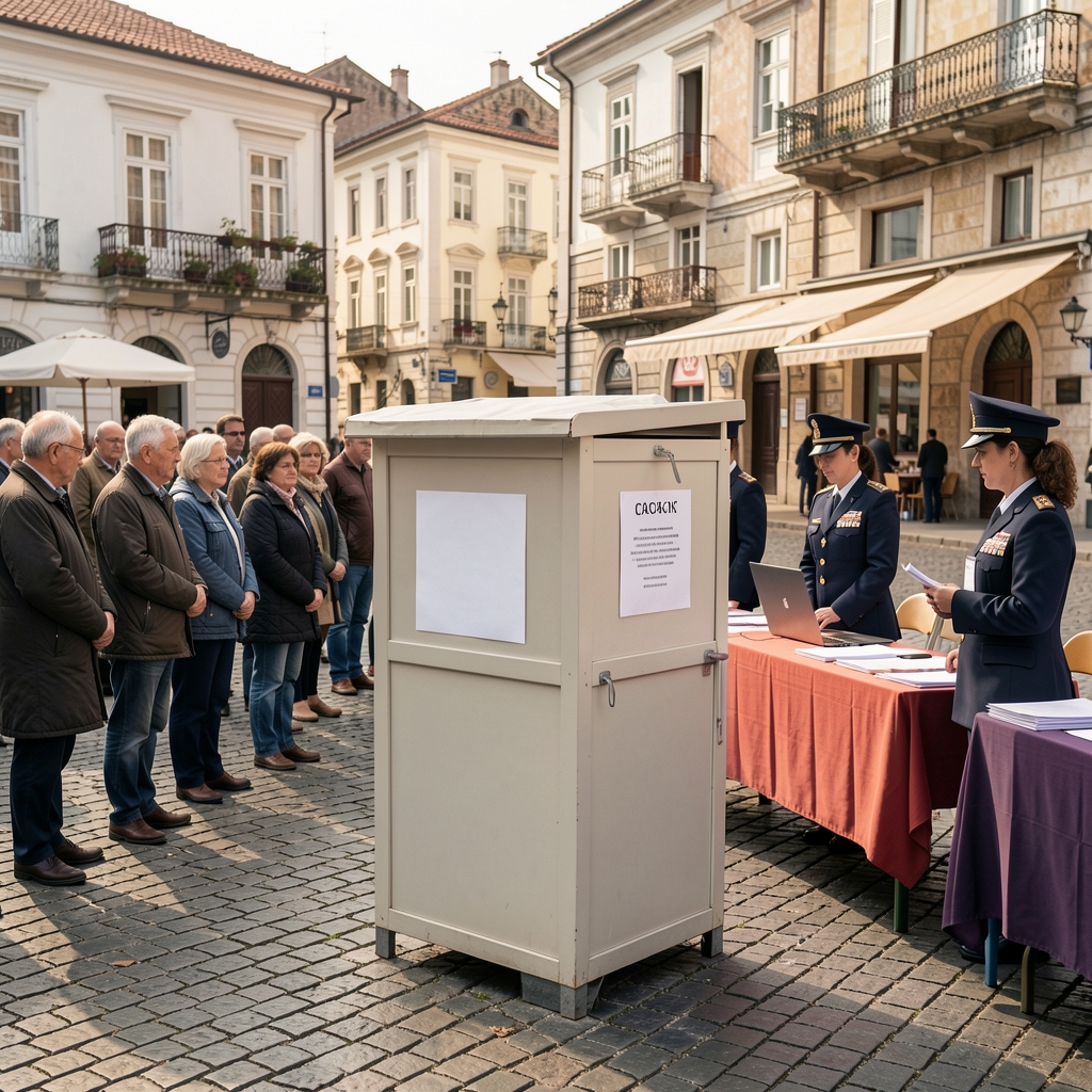 Гласачка кутија на бирачком мјесту у Подгорици са грађанима у реду и службеницима за сто, атмосфера изборног дана