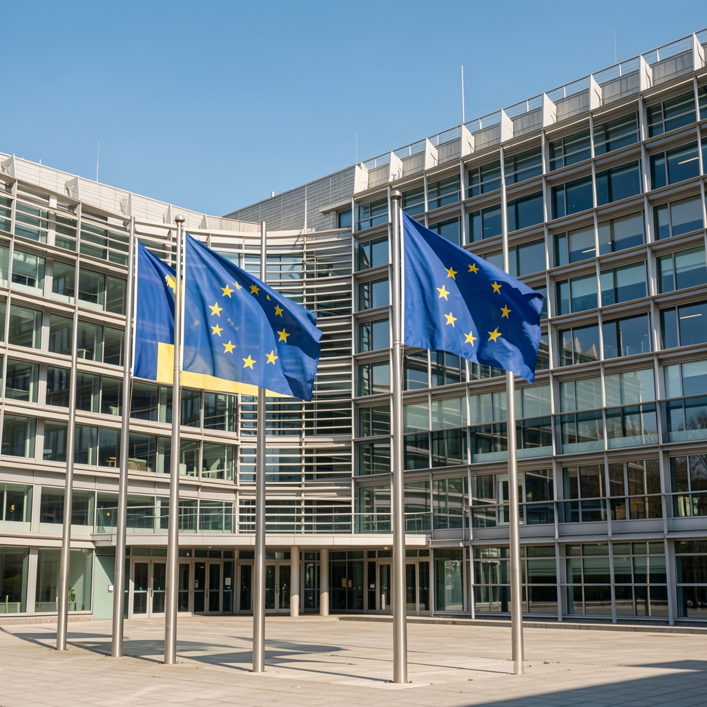 Заставе земаља чланица Европске уније и застава Черна Горе испред зграде Вијећа ЕУ у Бриселу за сунчаног дана