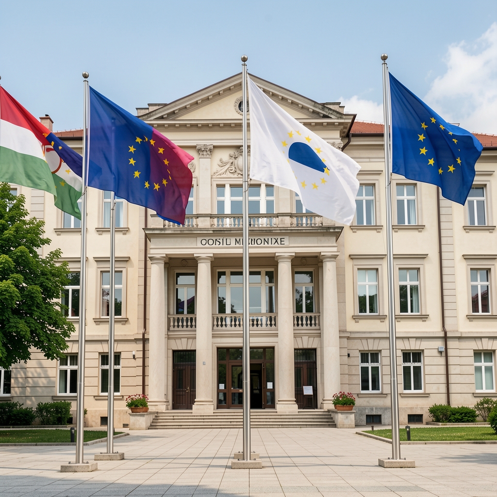 Застава Европске уније и Црне Горе које вијоре заједно испред административне зграде у Подгорици, илуструјући процес ЕУ интеграција