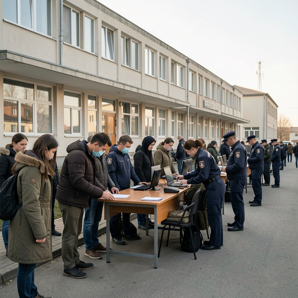 Миgранти у реду испред азилног центра у Биjелом Поljу у Черна Гори, службеници врше регистрациjу, приjем тражилаца азила