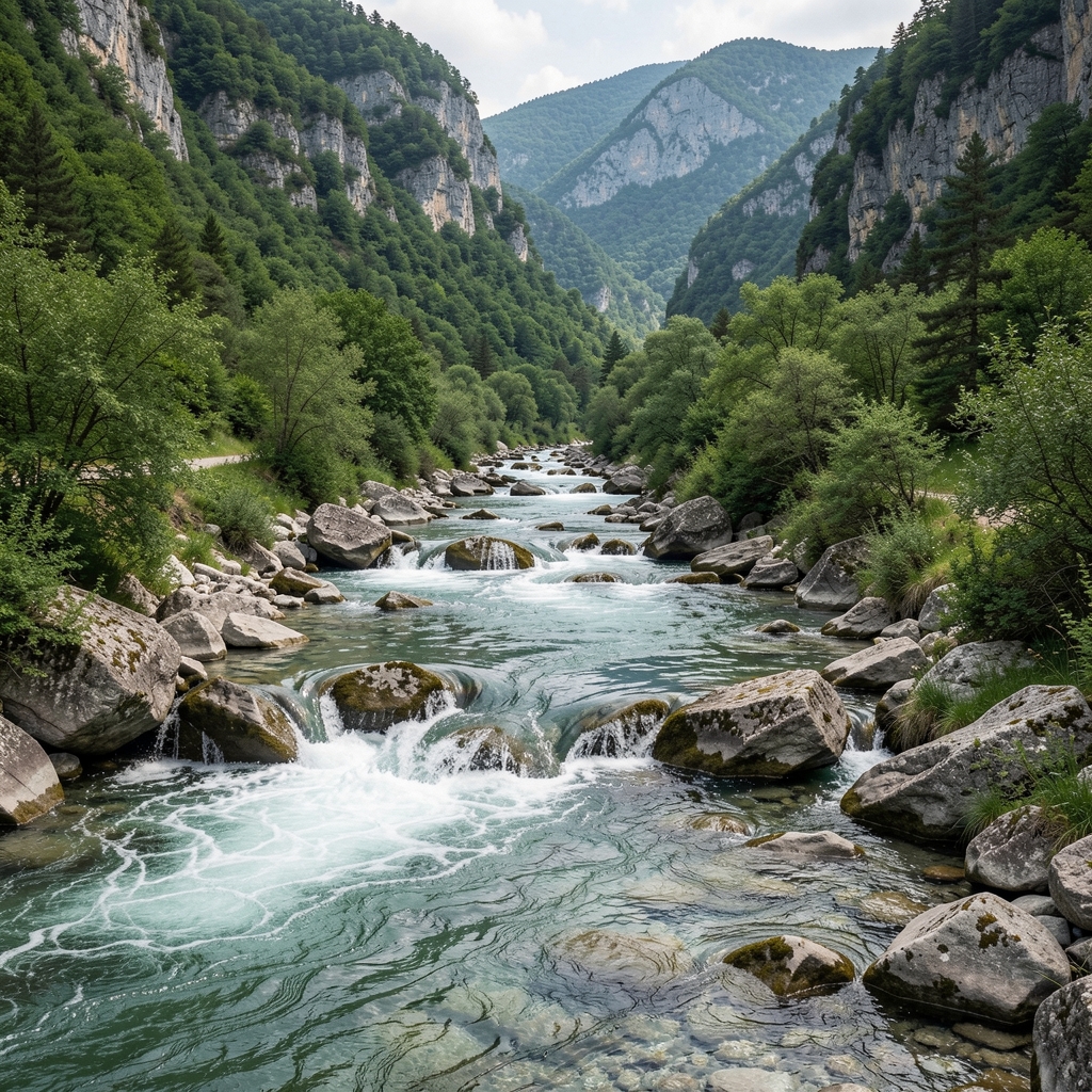 Поток чисте горске воде у планинском предјелу Дурмитора, зелена вегетација и камење уз водени ток